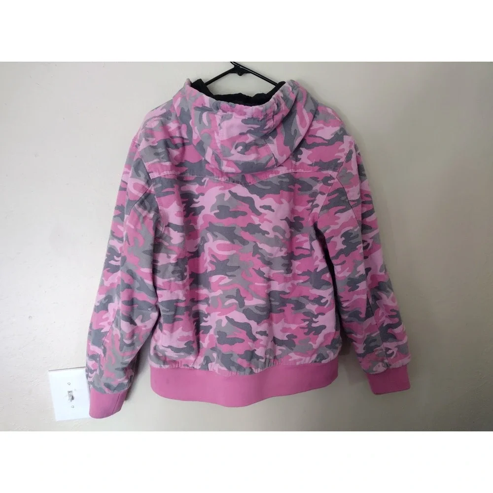 Roper Pink Camo Hooded Work Jacket Womens XL Cotton Canvas Fleece‎ Lined Zip Up